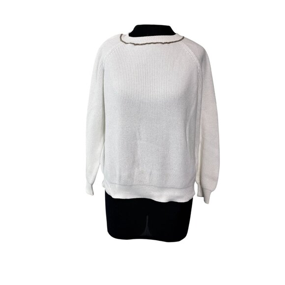 Brunello Cucinelli Womens White Knit Sweater With Metallic Trim Detail Size L Ma - Picture 1 of 11